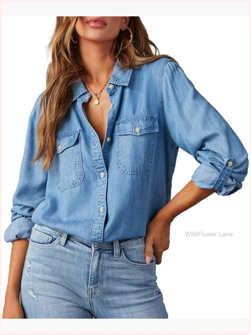 Long Sleeve Lapel V Neck Button Down Denim Blouse Shirt Classic Fitted Top